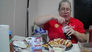 Wendys chili hot dogs and waffle fries eating show mukbang foodie eatingshow homemade [upl. by Noevad]