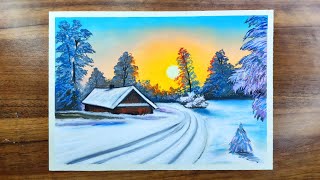 Winter season landscape drawing  A snowy morning aesthetic  Oil pastel landscape drawing A4 [upl. by Leorsiy771]