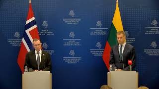 Press conference by FM Gabrielius Landsbergis and FM of Norway Espen Barth Eide [upl. by Neyu]