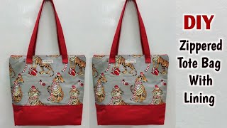 DIY Easy Zippered Tote Bag with Lining  Handbag Tutorial  Cloth bag Making At Home  Shopping Bags [upl. by Ahker931]