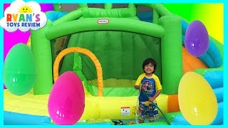 HUGE EGGS Surprise Toys Challenge with Inflatable water slide [upl. by Maidy]