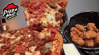 MUKBANG EATING PIZZA HUT CHEESY MEAT LOVERS PIZZA GARLIC PARMESAN CRISPY WINGS ASMR [upl. by Frederigo]