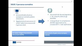 Webinar  L’implementazione del Documento Unico di Gara DGUE nella piattaforma Consip [upl. by Olga]