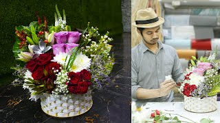 Round wood box flower bouquet arrangement [upl. by Ahsinhoj443]