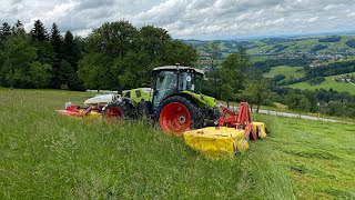 Heu mähen am 16 Juni  Steyr Kompakt 375  Claas 410 Pöttinger Mähwerke [upl. by Adnilg509]