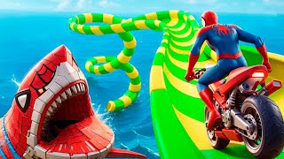 الأبطال الخارقين على دراجة نارية  Superheroes on a motorcycle ride on the Spider Mcqueen bridge [upl. by Dnaltruoc]