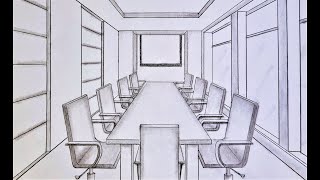 How to draw a room in one point perspective a conference room [upl. by Aramac]