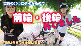 【自転車】後輪脱着🚲意外とサクッと出来た事に驚きのロードバイク女子2人😳 [upl. by Idissak]