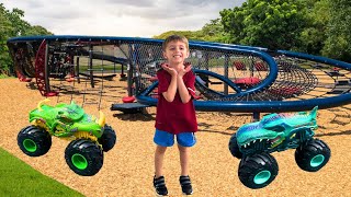 MONSTER TRUCKS RaCe amp PLaY AT THE PARK 🛝 Hot Wheels Monster Truck LIVE GlOW PARTY [upl. by Alyakim972]