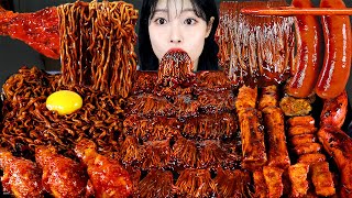 ASMR MUKBANG 직접 만든 불닭 짜장 버섯 양념치킨 소세지 먹방 amp 레시피 SPICY MUSHROOMS AND FIRE NOODLES EATING [upl. by Grof560]