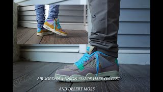 AIR JORDAN 4 quotUNION quotTAUPE HAZEquot AIR JORDAN 4 UNION DESERT MOSS BOTH PAIRS ON FEET [upl. by Esnahc]