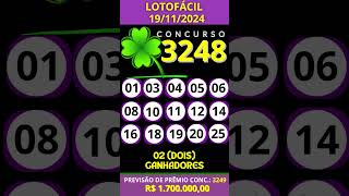 🍀 LOTOFÁCIL SORTEIO 19112024 CONCURSO 3248 [upl. by Nanyk]