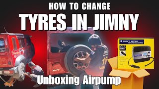 How to change spare tyres in Jimny  Unboxing and Using Maruti Suzuki Airpump Must Have automobile [upl. by Radborne]