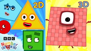 Bloques numéricos 2D y 3D comparación  Aprende formas y aprende a contar  Numberblocks en español [upl. by Ennovehs239]