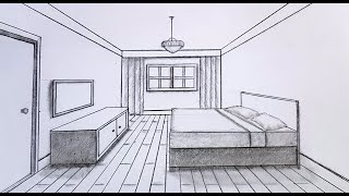 How to draw a bedroom in 1 point perspective step by step for beginners [upl. by Eniac119]