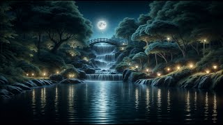 Night Bliss Full Moon Over Waterfall  Relaxing Piano Music amp Sleep Sounds [upl. by Senaj]