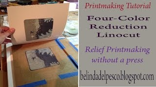 Relief Printmaking Demonstration  Four Color Reduction Linocut Print without a Press [upl. by Viguerie785]