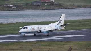 Extreme Headwind landing SAAB 340 of Flybe at Sumburgh Airport Shetland [upl. by Enerahs]