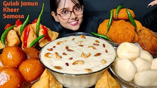 Eating Samosa Big bowl of kheer Gulab Jamun Rasgulla  Big Bites  Indian Sweet  Foodie Darling [upl. by Aelahc676]