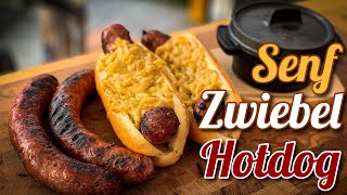 Senf Zwiebel Hotdog mit grober Bratwurst vom Kugelgrill  Sau lecker  Bratwurst Zwiebelliebe [upl. by Natanoy]