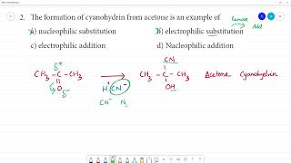 The formation of cyanohydrin from acetone is an example of a nucleophilic substitution [upl. by Saphra]