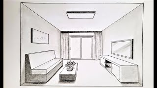 How to draw a living room in one point perspective step by step for beginners [upl. by Chemar]