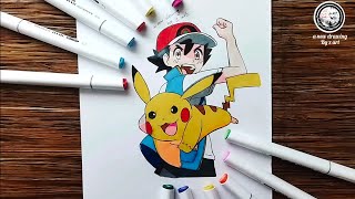 how to draw ash and Pikachu from Pokemon  ash and pikachu drawing  anime drawing tutorial [upl. by Asiulana447]