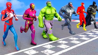 GTA V SPIDERMAN VS SUPERHEROES Running Challenge on Lake Ramp  SPIDERMAN TEAM Motorbikes Beach Race [upl. by Ara]