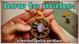 DIY ⭐️ bezeled opalite beaded necklace  beading tutorial  circular peyote stitch [upl. by Akyeluz]