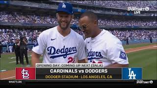 Adrián Beltré throws a strike for ceremonial first pitch to Clayton Kershaw Dodgers Opening Day 2024 [upl. by Wichman]