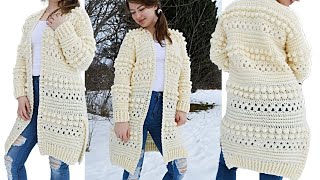 Crochet Bobble Cardigan Bobbles of Snow  Crochet Cardigan for Women Tutorial [upl. by Harvard876]