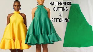 How To Cut And Sew Flare Gown With Flounce And Halter Neck Cutting And Stitching [upl. by Sellers]