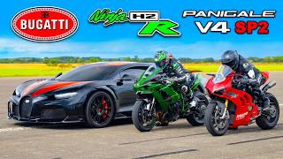 Bugatti Chiron SS v Kawasaki H2R v Ducati Panigale SP2 DRAG RACE [upl. by Bega643]