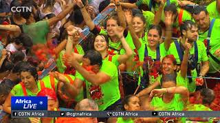 Thousands of revellers attending the La Tomatina festival in Spain engage in epic food fight [upl. by Wernsman]