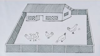 Hen house drawing for beginners  How to draw hen house  Step by step [upl. by Odnama]