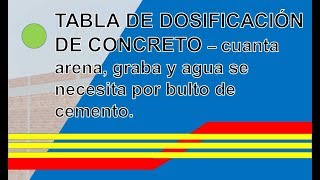 TABLA DE DOSIFICACIÓN DE CONCRETO – cuanta arena grava y agua se necesita por bulto de cemento [upl. by Oates]