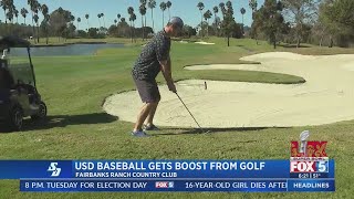 USD Baseball trades bats for golf clubs in fundraiser event [upl. by Bertasi938]