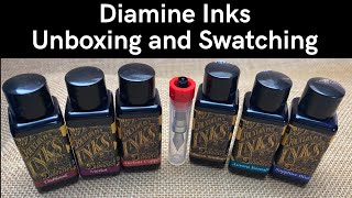 Diamine Ink Selection  Unboxing and swatching [upl. by Yenttirb]