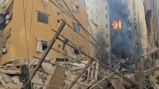 Building ablaze after fresh Israeli strikes on south Beirut  AFP [upl. by Nylidnam]