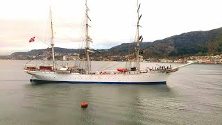 Tall Ship  Statsraad Lehmkuhl  threemasted barque vessel  Sailing in to Bergen Norway [upl. by Anilegnave593]