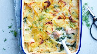 Recette  Gratin parmentier au saumon et épinards [upl. by Nnaear587]