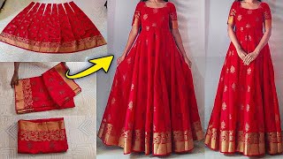 Anarkali dress cutting amp stitching easily   Convert saree into long gownfrockdress  Saree reuse [upl. by Atteynot]