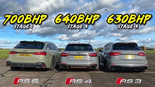 QUATTRO RIVALS 630HP RS3 vs 640HP RS4 vs 700HP RS6 [upl. by Ahtnama898]