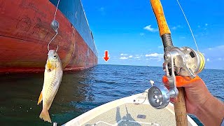 Fishing a LIVE CROAKER under this FREIGHTER Ship in the GULF of MEXICO [upl. by Galen]