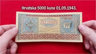 Prikaz novčanice Hrvatska 5000 kuna 1943 Drugo izdanje od 01091943 [upl. by Yoj]