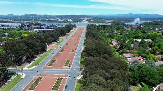 Drone aerial Parliament house capital hill Lake Burley Griffin Canberra ACT Australia 4K [upl. by Dnalyram]