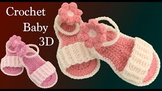 Como hacer sandalias para bebe a crochet con flores tejidas en 3D tejido tallermanualperu [upl. by Lemhar]