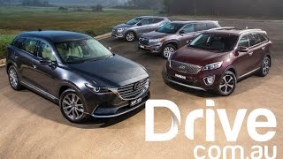 Mazda CX9 vs Toyota Kluger v Hyundai Santa Fe v Kia Sorento  Drivecomau [upl. by Eldwen803]