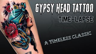 Traditional Gypsy Head Tattoo Timelapse [upl. by Eivi640]