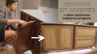 REFACING MY CABINETS  BATHROOM MAKEOVER PROGRESS  BUDGET SHAKER DOORS  Bathroom Makeover Pt 2 [upl. by Elpmet]